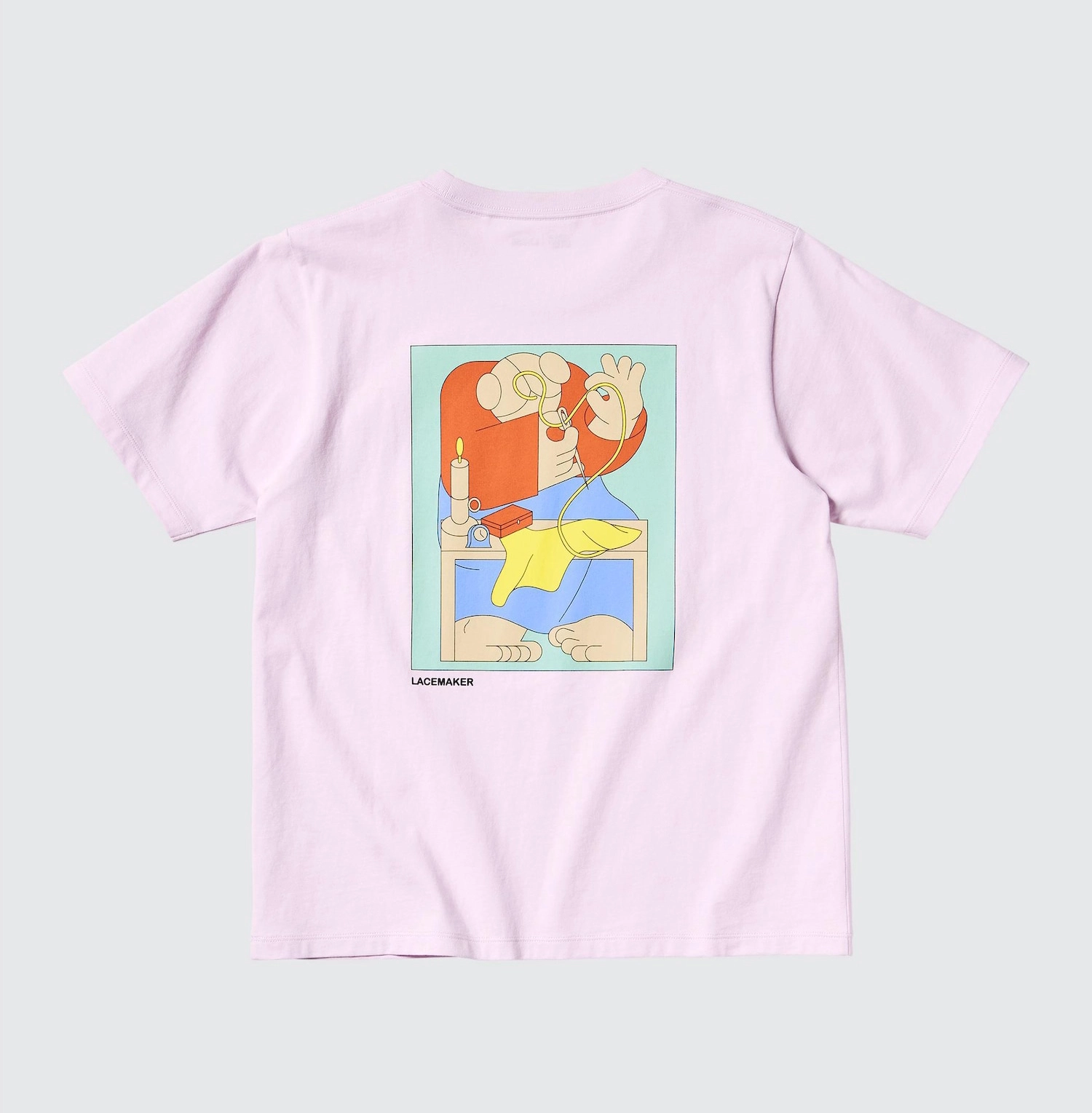 T-Shirt from a collaboration between Uniqlo and the Louvre, featuring a minimalist reimagining of Vermeers The Lacemaker. The design uses a simplified, high-contrast color palette and shapes inspired by the original painting, merging classic art with Uniqlo’s and Jhon Boy´s modern aesthetic.